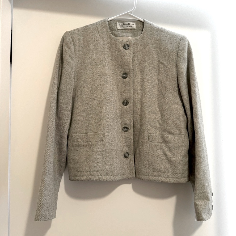 Vintage Evan Picone wool blend cropped collarless jacket, gray, small petite